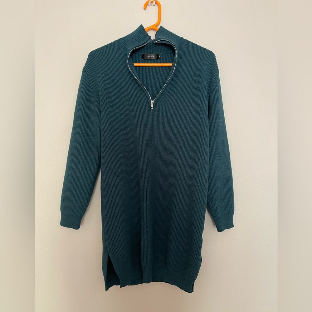 Zesica Teal Ribbed Half-Zip Sweater
